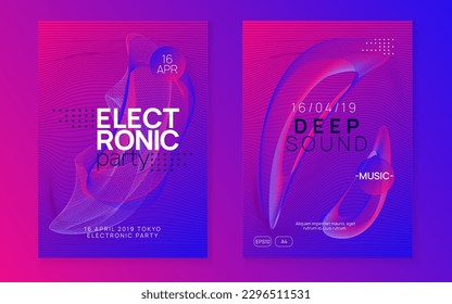 Music poster. Dynamic gradient shape and line. Wavy discotheque banner set. Neon music poster. Electro dance dj. Electronic sound fest. Club event flyer. Techno trance party.