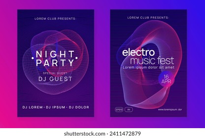 Music poster. Dynamic gradient shape and line. Wavy discotheque cover set. Neon music poster. Electro dance dj. Electronic sound fest. Club event flyer. Techno trance party.