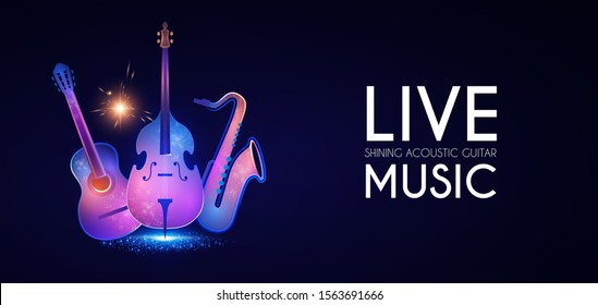 Music poster with electirc quitar, double bass and saxophone. Shining concert flyer template.