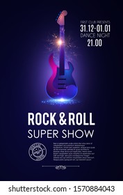 Music poster with electirc quitar. Shining rock & roll concert flyer template.