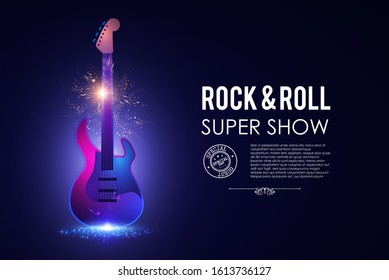 Music poster with electirc quitar. Shining rock & roll concert flyer template.