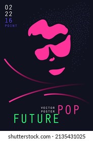 Music poster. Electronic contemporary music flow. Cyber neon graphic design. Surreal portrait in a minimalist style. Vector template