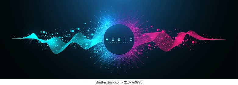 Music poster for electronic festival and dotted lines   waves  Party flyer cover design concept  Distorted music wave equalizer  Abstract amplitude sound  Vector Illustration 