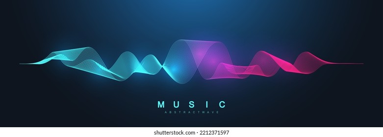 Music poster for electronic festival with dotted lines and waves. Party flyer cover design concept. Distorted music wave equalizer. Abstract amplitude of sound. Vector Illustration.