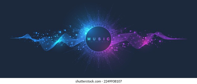 Music poster for electronic festival with dotted lines and waves. Party flyer cover design concept. Distorted music wave equalizer. Abstract amplitude of sound. Vector Illustration.