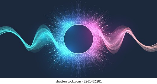 Music poster for electronic festival with dotted lines and waves. Party flyer cover design concept. Distorted music wave equalizer. Abstract amplitude of sound. Vector Illustration