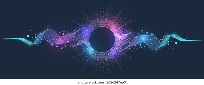 Music Poster For Electronic Festival With Fractal Dotted Lines And Waves. Party Flyer Cover Design Concept Of Electro Music Fest. Vector Illustration