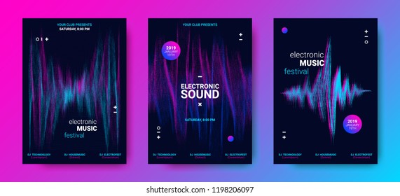 Music Poster for Electronic Festival. Party Flyer with Dotted Lines and Waves. Abstract Amplitude of Sound. Vector Illustration. Distorted Wave Equalizer. Cover Design Concept of Electro Music Fest.