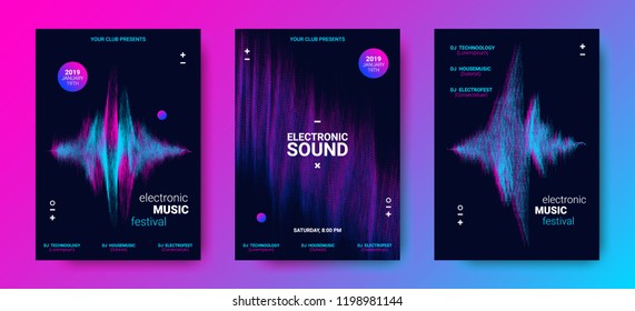 Music Poster for Electronic Festival. Party Flyer with Dotted Lines and Waves. Abstract Amplitude of Sound. Vector Illustration. Distorted Wave Equalizer. Cover Design Concept of Electro Music Fest.