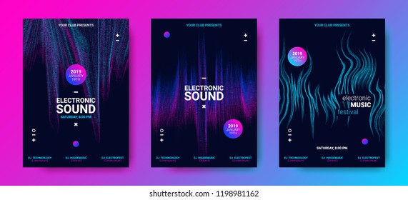 Music Poster for Electronic Festival. Party Flyer with Dotted Lines and Waves. Abstract Amplitude of Sound. Vector Illustration. Distorted Wave Equalizer. Cover Design Concept of Electro Music Fest.