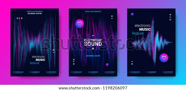 Music Poster for Electronic Festival. Party Flyer\
with Dotted Lines and Waves. Abstract Amplitude of Sound. Vector\
Illustration. Distorted Wave Equalizer. Cover Design Concept of\
Electro Music Fest.