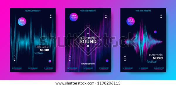 Music Poster for Electronic Festival. Party Flyer\
with Dotted Lines and Waves. Abstract Amplitude of Sound. Vector\
Illustration. Distorted Wave Equalizer. Cover Design Concept of\
Electro Music Fest.