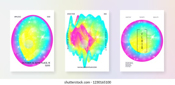 Music poster. Electronic sound. Night dance holiday. Abstract banner layout set for electro party. Fluid holographic gradient shape and line. Music poster and flyer for summer fest.