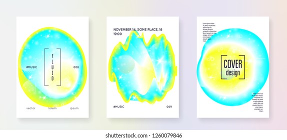 Music poster. Electronic sound. Night dance holiday. Minimal magazine template set for electro show. Fluid holographic gradient shape and line. Music poster and flyer for summer fest.