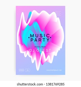 Music poster. Electronic sound. Night dance lifestyle holiday. Geometric house party invitation design. Fluid holographic gradient shape and line. Summer fest flyer and music poster.