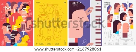 Music poster. Festival, competition. Musical instruments. Pianist. Piano. A set of vector illustrations. Minimalistic design. Cover, print, banner, flyer.
