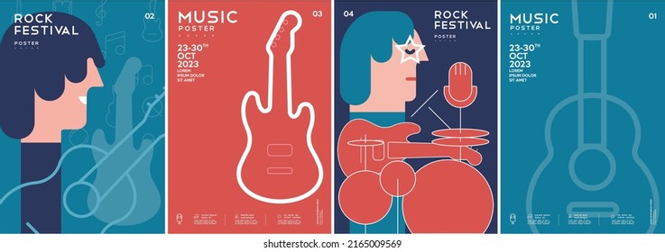 Music poster. Festival. Rock Festival. Electric guitar. Musician. Guitar. Rock Band. A set of vector illustrations. Minimalistic design. Cover, print, banner, flyer.