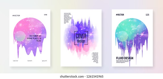 Music poster. Fluid holographic gradient shape and line. Abstract brochure layout set for disco show. Electronic sound. Night dance holiday. Music poster and flyer for summer fest.