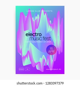 Music poster. Fluid holographic gradient shape and line. Electronic sound. Night dance lifestyle holiday. Geometric indie concert presentation design. Summer fest flyer and music poster.