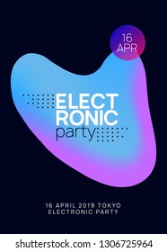 Music poster. Fluid holographic gradient shape and line. Geometric indie club brochure design. Electronic sound. Night dance lifestyle holiday. Summer fest flyer and music poster.