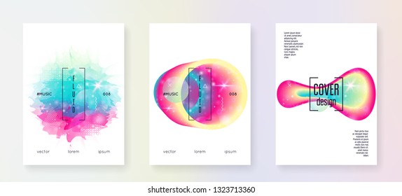 Music poster. Fluid holographic gradient shape and line. Electronic sound. Night dance holiday. Creative magazine template set for indie event. Music poster and flyer for summer fest.