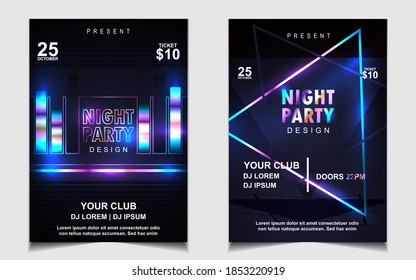 Music poster and flyer design background template with colorful disco light on dark background. Vector layout graphic for cover club night invitation, electro dance event, festival party banner