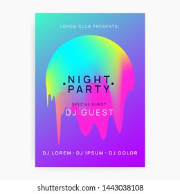 Music poster. Futuristic disco show brochure layout. Fluid holographic gradient shape and line. Electronic sound. Night dance lifestyle holiday. Summer fest flyer and music poster.