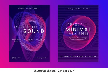 Music poster. Futuristic discotheque invitation set. Dynamic gradient shape and line. Neon music poster. Electro dance dj. Electronic sound fest. Club event flyer. Techno trance party.