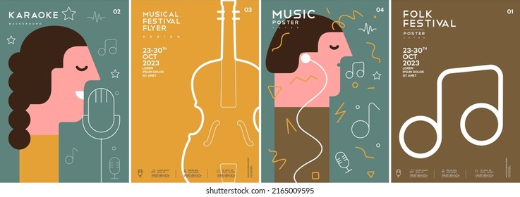 Music poster. The girl sings. Contrabass. A man wearing headphones. A set of vector illustrations. Minimalistic design. Cover, print, banner, flyer.