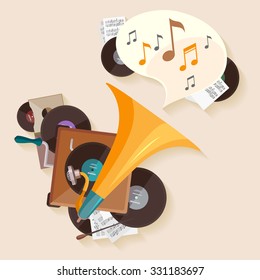 Music poster with gramophone. Flat design.