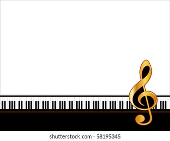 Music Poster, Grand Piano, black keyboard, gold treble clef, copy space for  concerts, recitals, announcements, fliers and music events. EPS8 compatible.