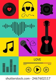 Cartel de música, tarjeta de felicitación, conjunto de iconos de Anuncio. Disco de disco de vinilo negro. Auriculares del corazón, guitarra, micrófono, altavoz, reproductor de música de la onda de sonido. San Valentín. AMOR. Diseño plano Vector de fondo blanco