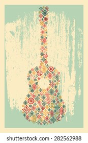 Music poster. Guitar concept made of folk ornament. Vector illustration.