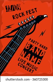 Music poster with a guitar riff in the shape of an eagle. Rock background.