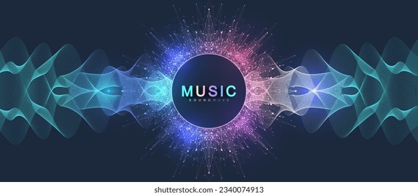 Music poster header for electronic festival with dotted lines and waves. Party flyer cover design concept. Distorted music wave equalizer. Abstract amplitude of sound. Vector Illustration.