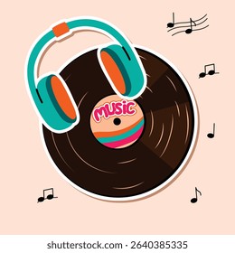 Music poster with  headphones, musical notes, vinyl record. Blue, orange, pink and brown colors on beige background. Vector design for use in banner template, card, sticker. Cartoon illustration.