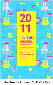 Afiche musical con ilustración de estilo lineal en el fondo. Ilustración vectorial. Cartel con diseño de texto. 