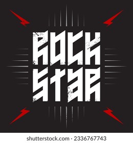 Music poster, inscription looks like runic script. Rock star - t-shirt design with red lightnings. Rockstar - shirt apparels cool print.