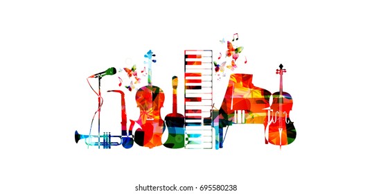 Music poster with music instruments. Colorful microphone, piano, saxophone, trumpet, violoncello, contrabass and guitar isolated vector illustration design