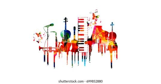 Music poster with music instruments. Colorful piano keyboard, saxophone, trumpet, violoncello, contrabass, guitar and microphone with music notes isolated vector illustration design