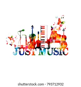 Music poster with music instruments. Colorful piano keyboard, saxophone, trumpet, violoncello, contrabass, guitar and microphone with music notes isolated vector illustration design