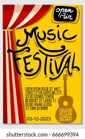 Music poster for jazz band live festival with music instruments. Colorful flat modern concert cover template for vinile with guitar and music notes isolated vector illustration design