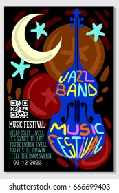 Music poster for jazz band live festival with music instruments. Colorful flat modern concert cover template for vinile with cello and music notes isolated vector illustration design