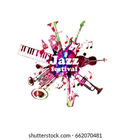 Music poster for jazz festival with music instruments. Colorful piano keyboard, double bell euphonium, saxophone, trumpet, violoncello and guitar with music notes isolated vector design