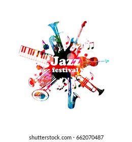 Music poster for jazz festival with music instruments. Colorful piano keyboard, double bell euphonium, saxophone, trumpet, violoncello and guitar with music notes isolated vector design