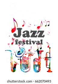 Music poster for jazz festival with music instruments. Colorful double bell euphonium, saxophone and trumpet with music notes isolated vector illustration design