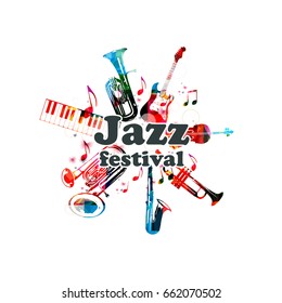 Music poster for jazz festival with music instruments. Colorful piano keyboard, double bell euphonium, saxophone, trumpet, violoncello and guitar with music notes isolated vector design