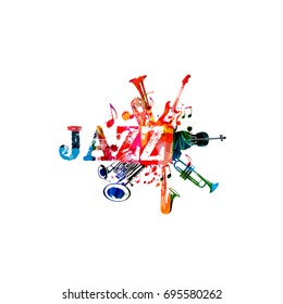 Music poster for jazz festival with music instruments. Colorful euphonium, double bell euphonium, saxophone, trumpet, violoncello and guitar with music notes isolated vector  illustration design 