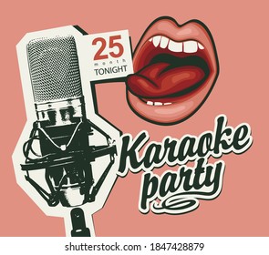 Music poster for a karaoke party with a calligraphic inscription, a microphone and a mouth that sings on a pink background in a retro style. Suitable for vector banner, flyer, invitation