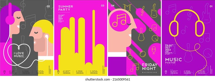 Music poster. I love music. People wearing headphones. A set of vector illustrations. Minimalistic design. Cover, print, banner, flyer.